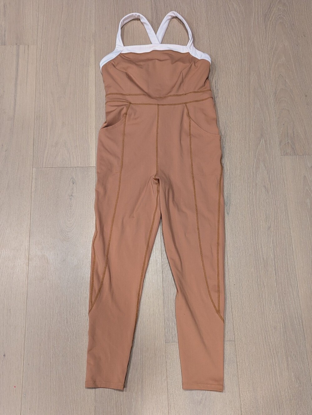 Tan Jumpsuit with White Straps